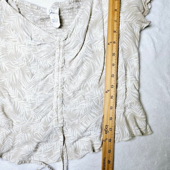 Japna Beige Tropical Crop Top Short Sleeve Blouse Size Large Beachy Coastal - Picture 8 of 9